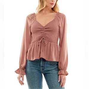 Women’s Smocked Peplum Blouse Long Sleeve Drawstring Mauve Pink Size Small NWT